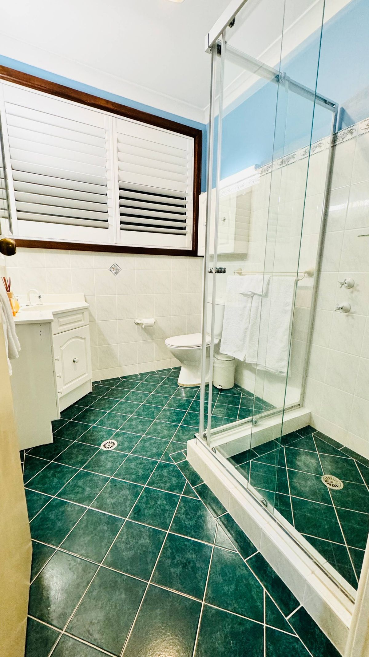Shower screen, vanity and tiled floor