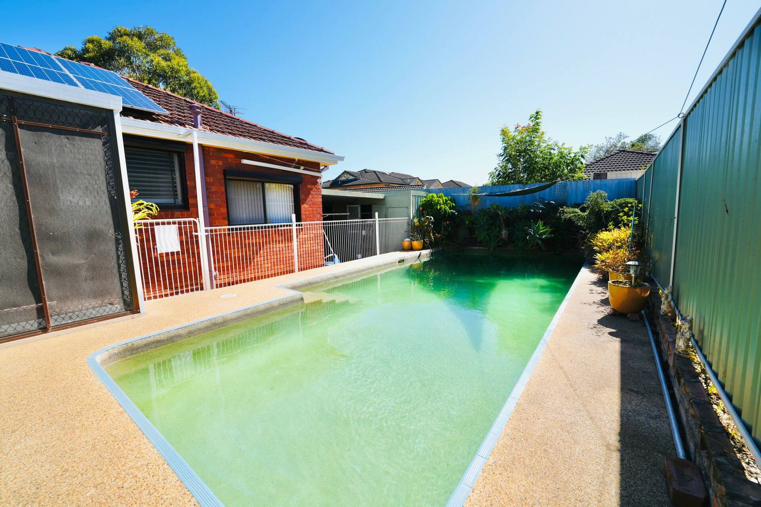 Fenced saltwater pool running the length of the yard, house behind